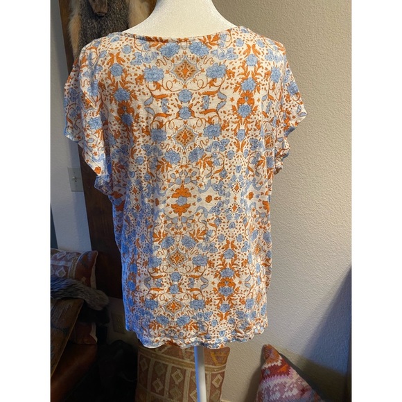 Floral Print Women's Linen Top - Orange and Blue - Picture 2 of 6